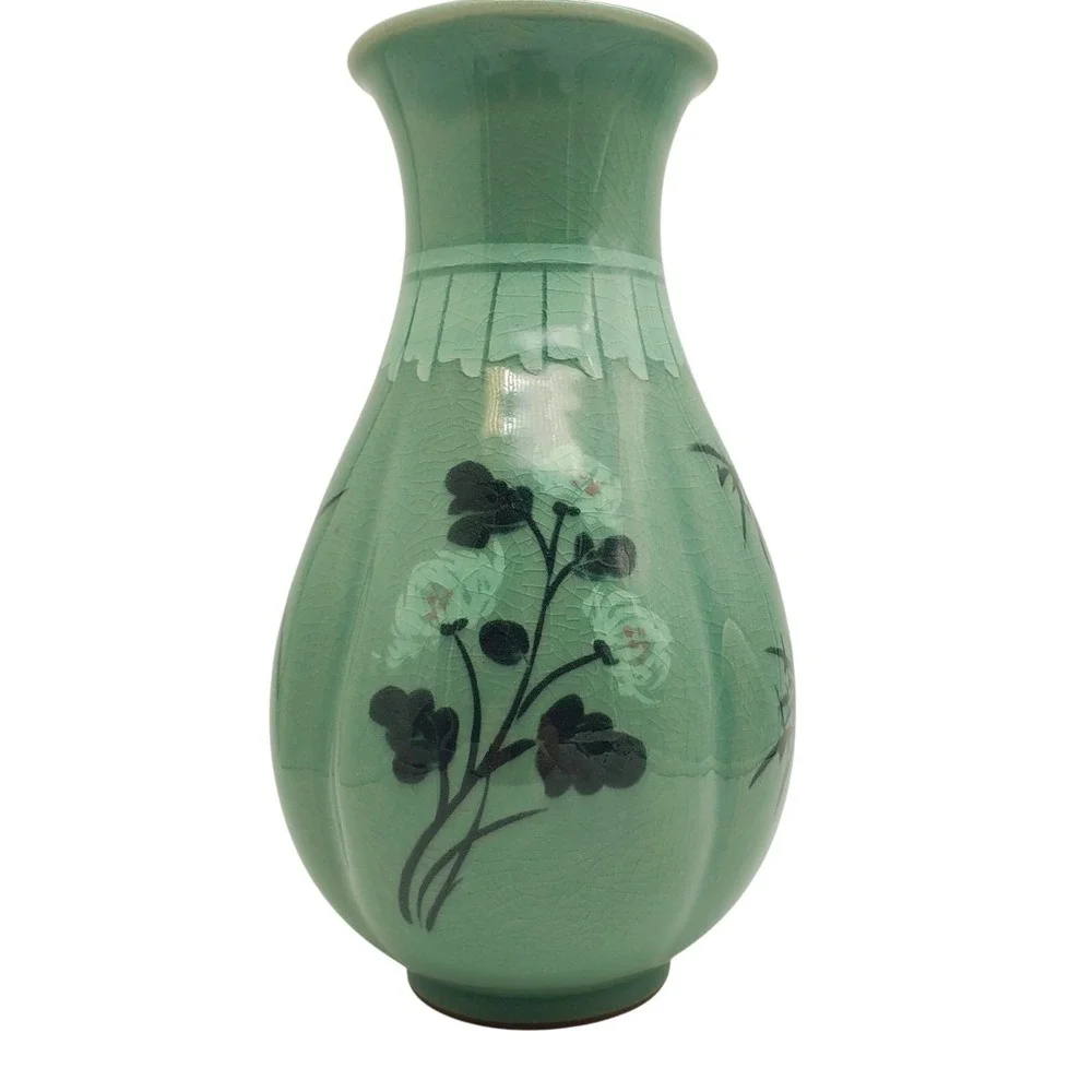 Korean Celadon Green Vase Cherry Blossom Flower Retro Bamboo Asian Pottery Vtg